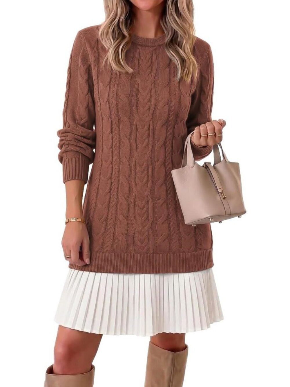 Cozy Cable Knit Sweater Dress - Patchwork Pleated Fall Mini Dress for Women